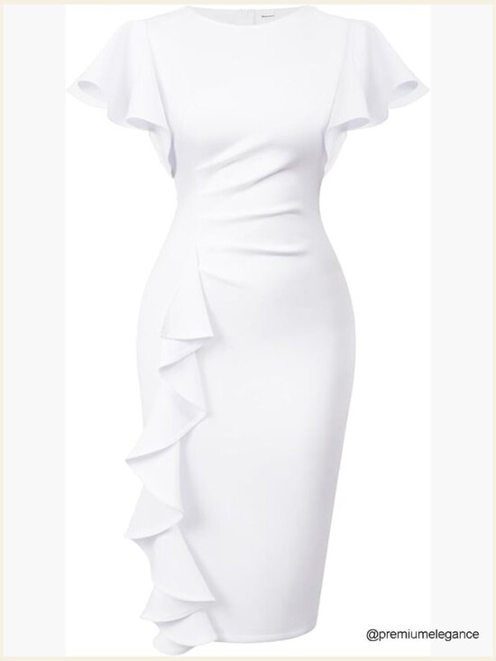 Dresses & Skirts - Vintage Church Ruffle Sleeve Ruched Bodycon Work Midi Pencil Dress
